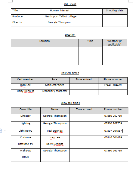 call sheet